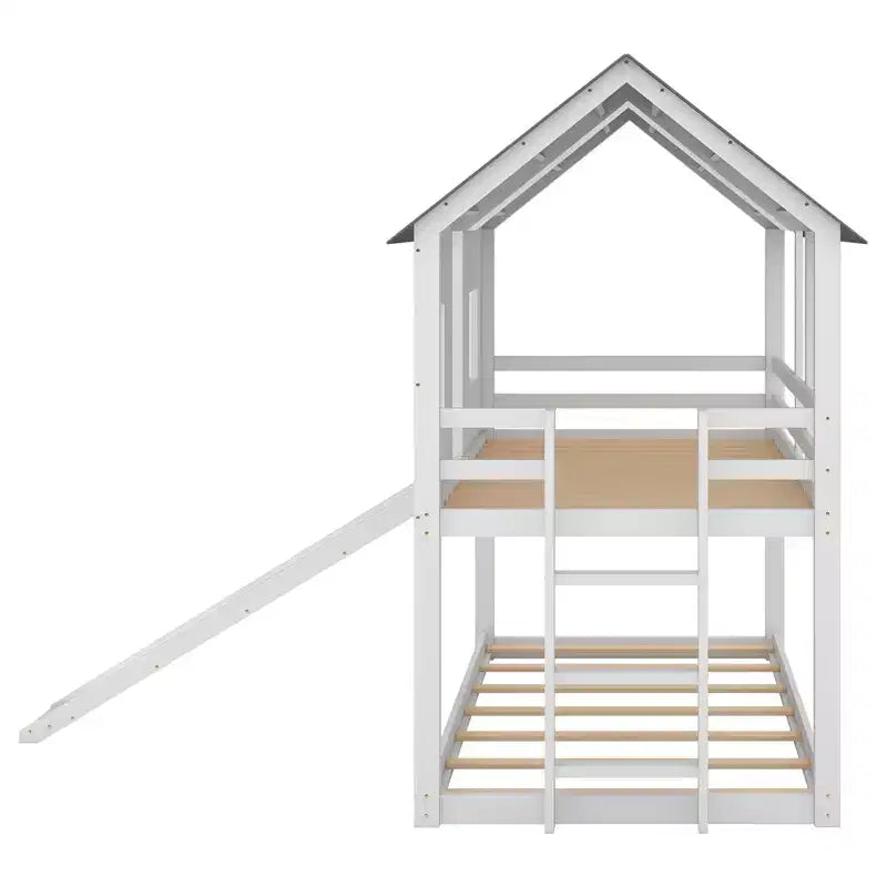 Twin over Twin House Bunk Bed with Slide and Windows for Kids' Room, White+Gray