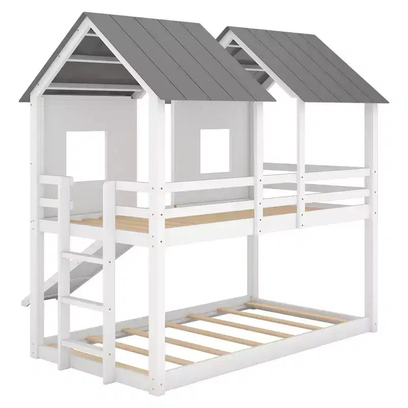 Twin over Twin House Bunk Bed with Slide and Windows for Kids' Room, White+Gray
