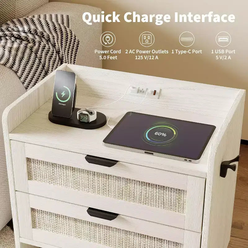 Rattan Nightstand, Bedside Table with 2 Storage Drawer Space, Boho End Table Side Table for Bedroom Living Room Office, Large Night Stand