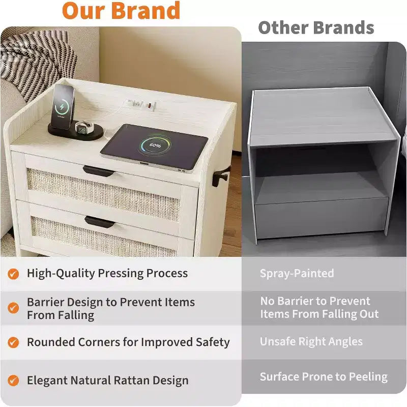 Rattan Nightstand, Bedside Table with 2 Storage Drawer Space, Boho End Table Side Table for Bedroom Living Room Office, Large Night Stand