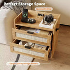 Rattan Nightstand, Bedside Table with 2 Storage Drawer Space, Boho End Table Side Table for Bedroom Living Room Office, Large Night Stand