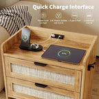 Rattan Nightstand, Bedside Table with 2 Storage Drawer Space, Boho End Table Side Table for Bedroom Living Room Office, Large Night Stand