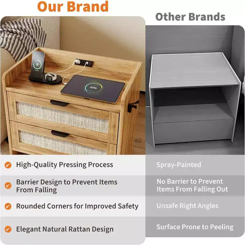 Rattan Nightstand, Bedside Table with 2 Storage Drawer Space, Boho End Table Side Table for Bedroom Living Room Office, Large Night Stand
