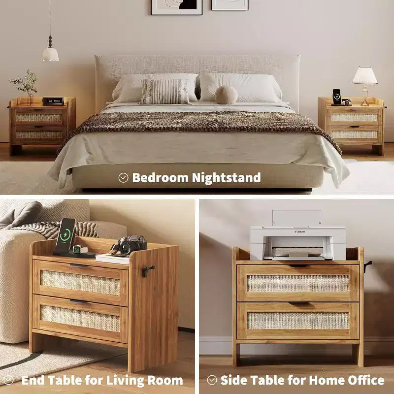Rattan Nightstand, Bedside Table with 2 Storage Drawer Space, Boho End Table Side Table for Bedroom Living Room Office, Large Night Stand