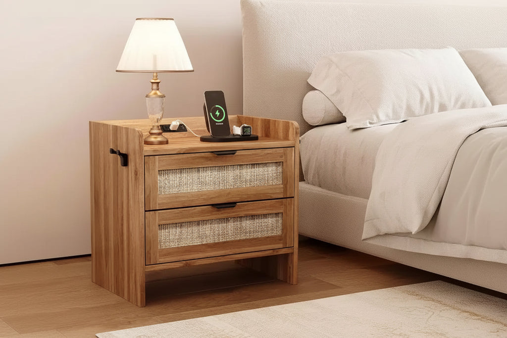 Rattan Nightstand, Bedside Table with 2 Storage Drawer Space, Boho End Table Side Table for Bedroom Living Room Office, Large Night Stand
