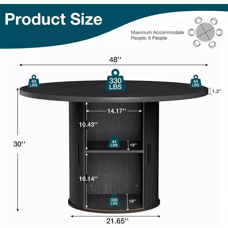 48 Round Dining Table with Storage - Adjustable 3-Level Shelf, Modern Farmhouse, Seats 4-6