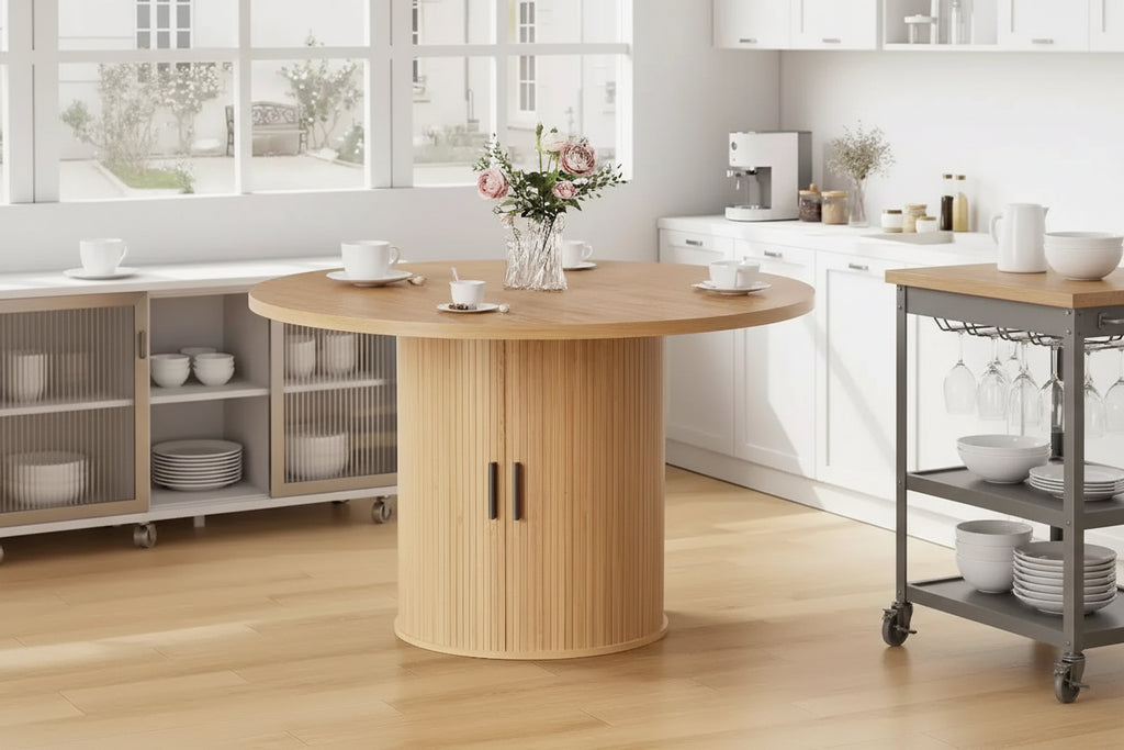 Tavolo da pranzo rotondo da 48 pollici con contenitore - Ripiano regolabile a 3 livelli, Stile Modern Farmhouse, Posti a sedere per 4-6 persone