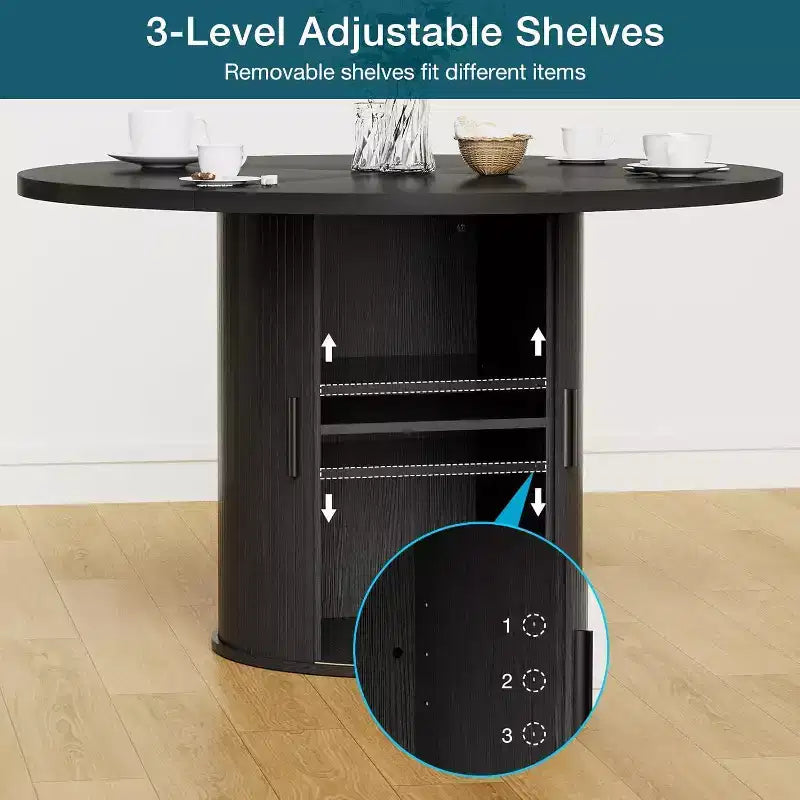48 Round Dining Table with Storage - Adjustable 3-Level Shelf, Modern Farmhouse, Seats 4-6