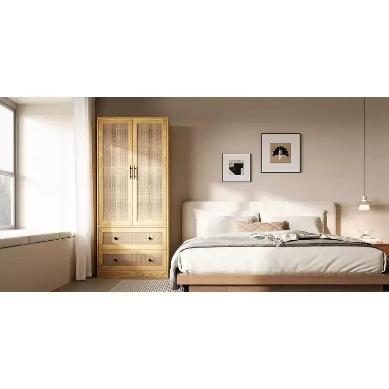 Light Wood Rattan Accent Wardrobe: 2-Drawer Storage + Smooth Hinges for Bedroom Clothing Organization