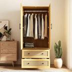 Light Wood Rattan Accent Wardrobe: 2-Drawer Storage + Smooth Hinges for Bedroom Clothing Organization