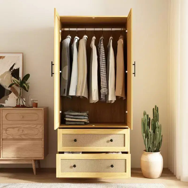 Light Wood Rattan Accent Wardrobe: 2-Drawer Storage + Smooth Hinges for Bedroom Clothing Organization