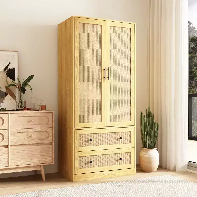 Light Wood Rattan Accent Wardrobe: 2-Drawer Storage + Smooth Hinges for Bedroom Clothing Organization