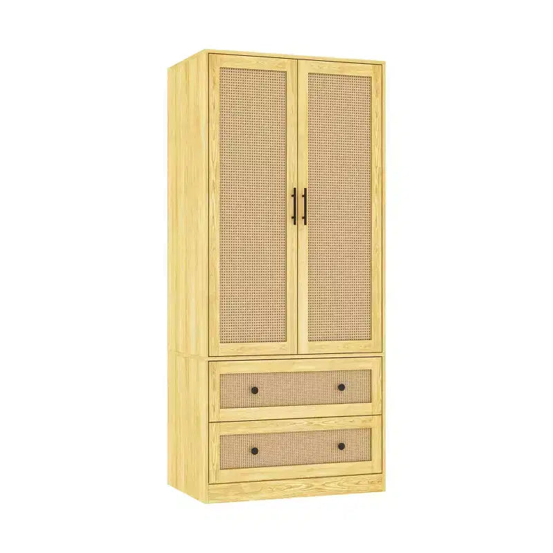 Light Wood Rattan Accent Wardrobe: 2-Drawer Storage + Smooth Hinges for Bedroom Clothing Organization