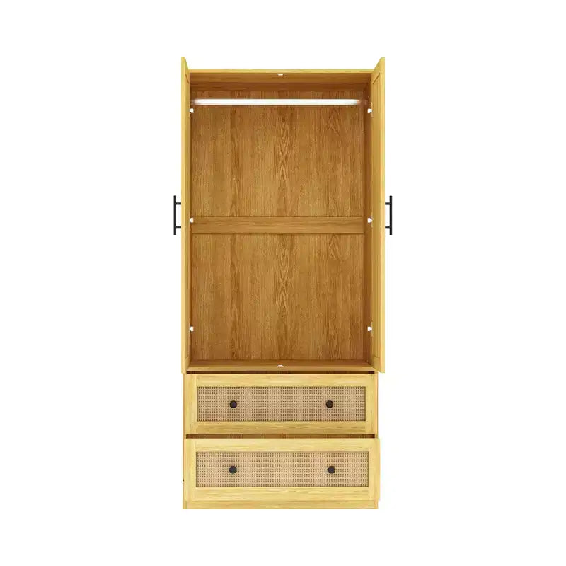 Light Wood Rattan Accent Wardrobe: 2-Drawer Storage + Smooth Hinges for Bedroom Clothing Organization