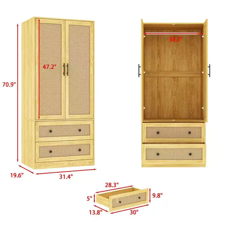 Light Wood Rattan Accent Wardrobe: 2-Drawer Storage + Smooth Hinges for Bedroom Clothing Organization