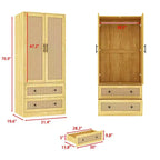 Light Wood Rattan Accent Wardrobe: 2-Drawer Storage + Smooth Hinges for Bedroom Clothing Organization