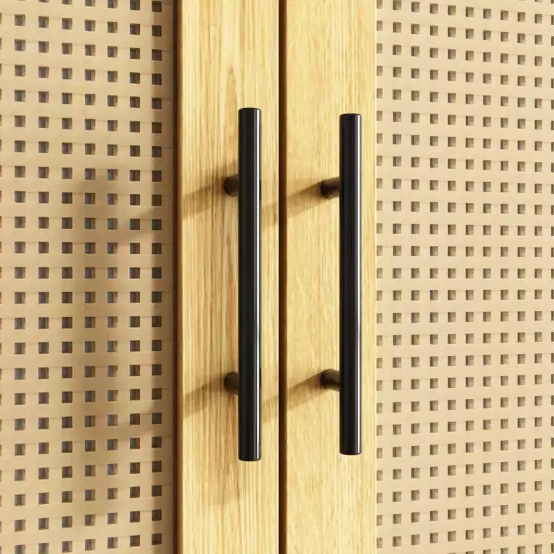 Light Wood Rattan Accent Wardrobe: 2-Drawer Storage + Smooth Hinges for Bedroom Clothing Organization