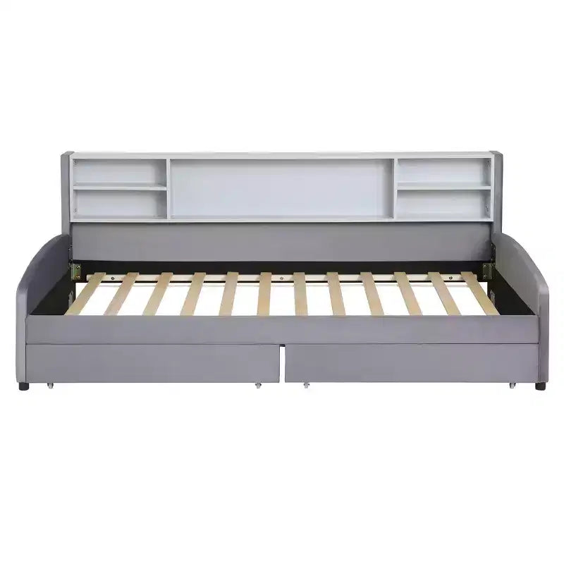 Twin size Velvet Upholstered Platform Bed with Storage Shelves and 2 Drawers for Living Room