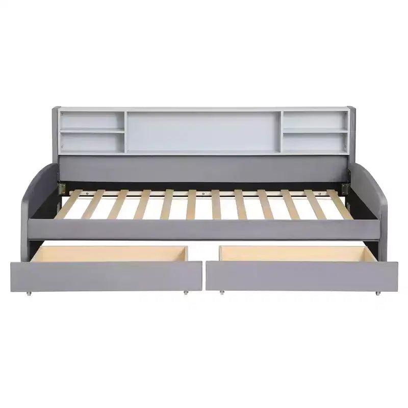 Twin size Velvet Upholstered Platform Bed with Storage Shelves and 2 Drawers for Living Room