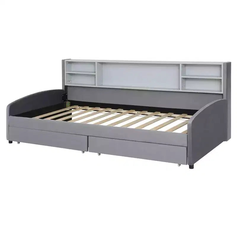 Twin size Velvet Upholstered Platform Bed with Storage Shelves and 2 Drawers for Living Room
