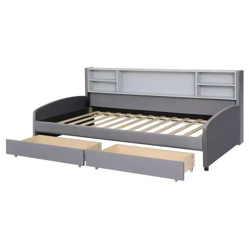 Twin size Velvet Upholstered Platform Bed with Storage Shelves and 2 Drawers for Living Room