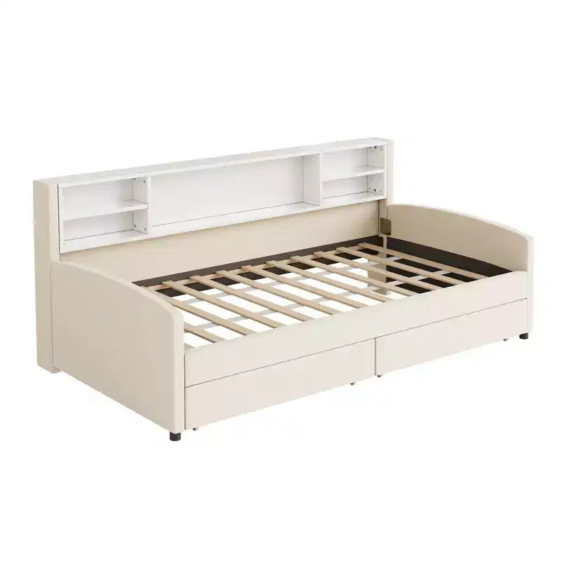 Twin size Velvet Upholstered Platform Bed with Storage Shelves and 2 Drawers for Living Room