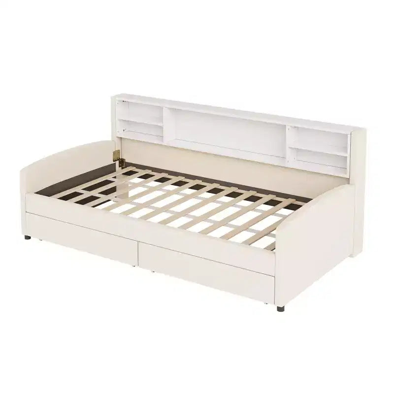 Twin size Velvet Upholstered Platform Bed with Storage Shelves and 2 Drawers for Living Room