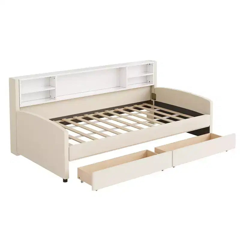 Twin size Velvet Upholstered Platform Bed with Storage Shelves and 2 Drawers for Living Room