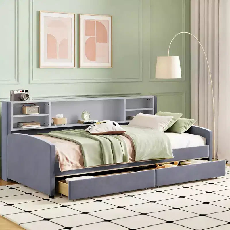 Twin size Velvet Upholstered Platform Bed with Storage Shelves and 2 Drawers for Living Room
