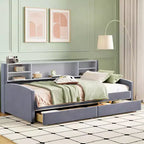 Twin size Velvet Upholstered Platform Bed with Storage Shelves and 2 Drawers for Living Room
