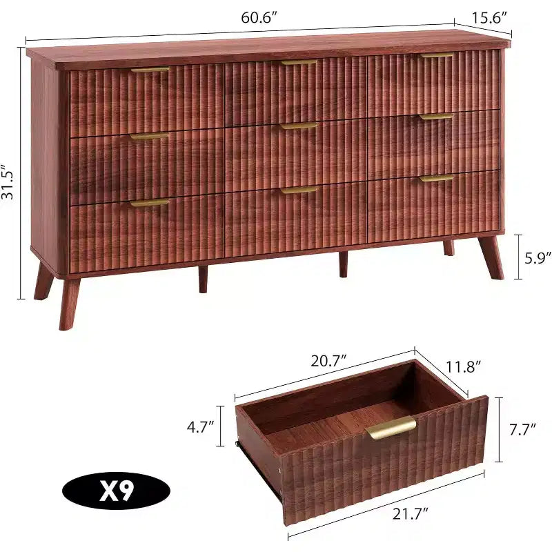 Comò ampio scanalato da 60,6 pollici con 9 cassetti profondi - Porta TV e cassettiera moderna per camera da letto, soggiorno e corridoio