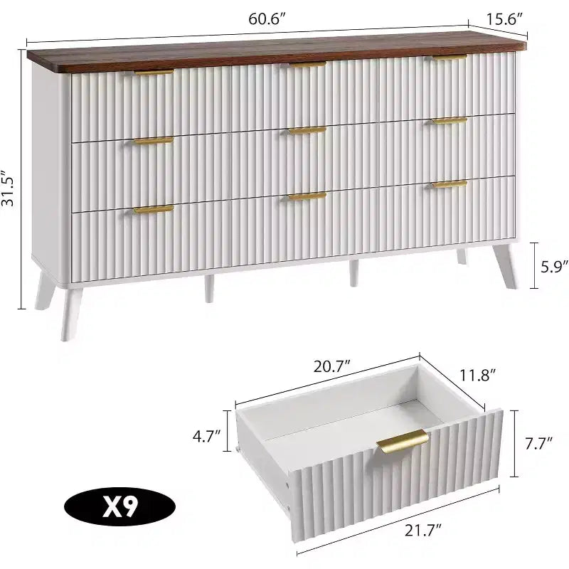Comò ampio scanalato da 60,6 pollici con 9 cassetti profondi - Porta TV e cassettiera moderna per camera da letto, soggiorno e corridoio