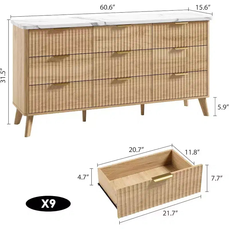 Comò ampio scanalato da 60,6 pollici con 9 cassetti profondi - Porta TV e cassettiera moderna per camera da letto, soggiorno e corridoio