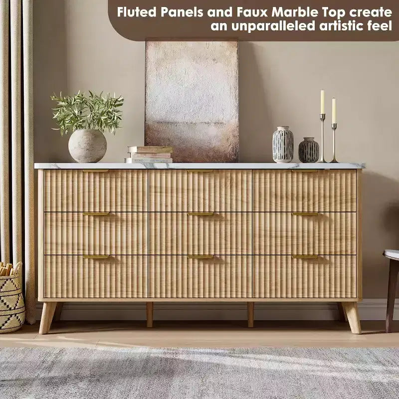 60.6 Wide Fluted Dresser with 9 Deep Drawers - Modern TV Stand & Chest for Bedroom, Living Room & Hallway