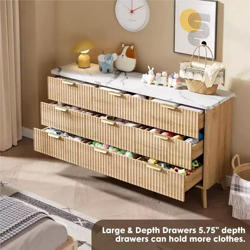 60.6 Wide Fluted Dresser with 9 Deep Drawers - Modern TV Stand & Chest for Bedroom, Living Room & Hallway