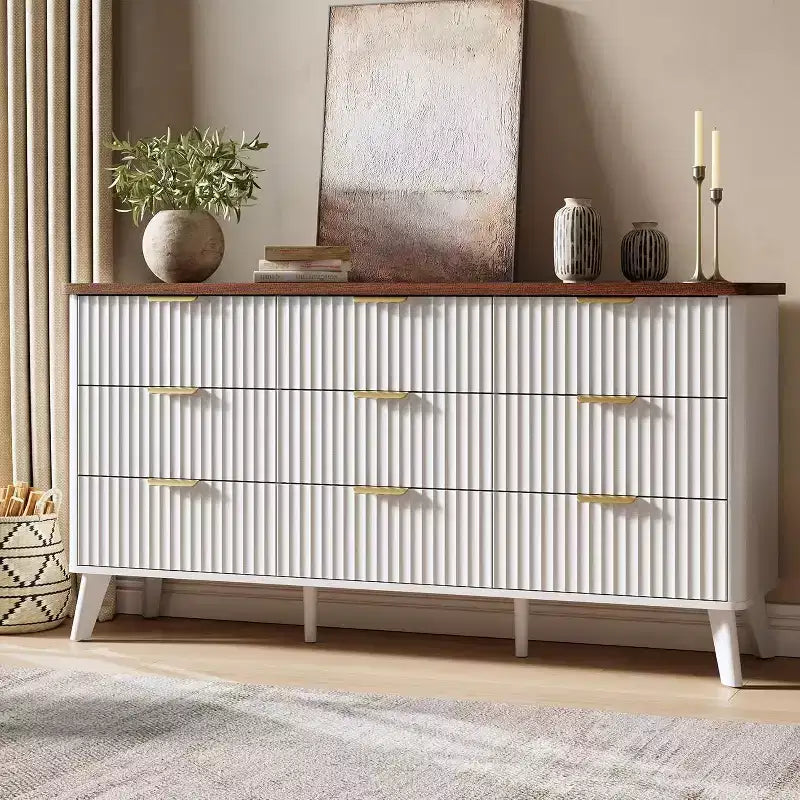 60.6 Wide Fluted Dresser with 9 Deep Drawers - Modern TV Stand & Chest for Bedroom, Living Room & Hallway