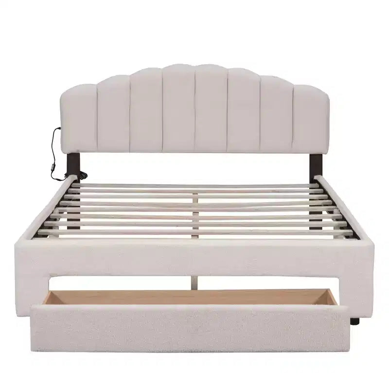 Queen Size Teddy Fleece Upholstered Platform Bed, Drawer, Bedroom, Beige