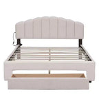 Queen Size Teddy Fleece Upholstered Platform Bed, Drawer, Bedroom, Beige
