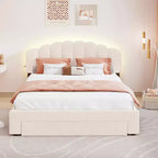 Queen Size Teddy Fleece Upholstered Platform Bed, Drawer, Bedroom, Beige