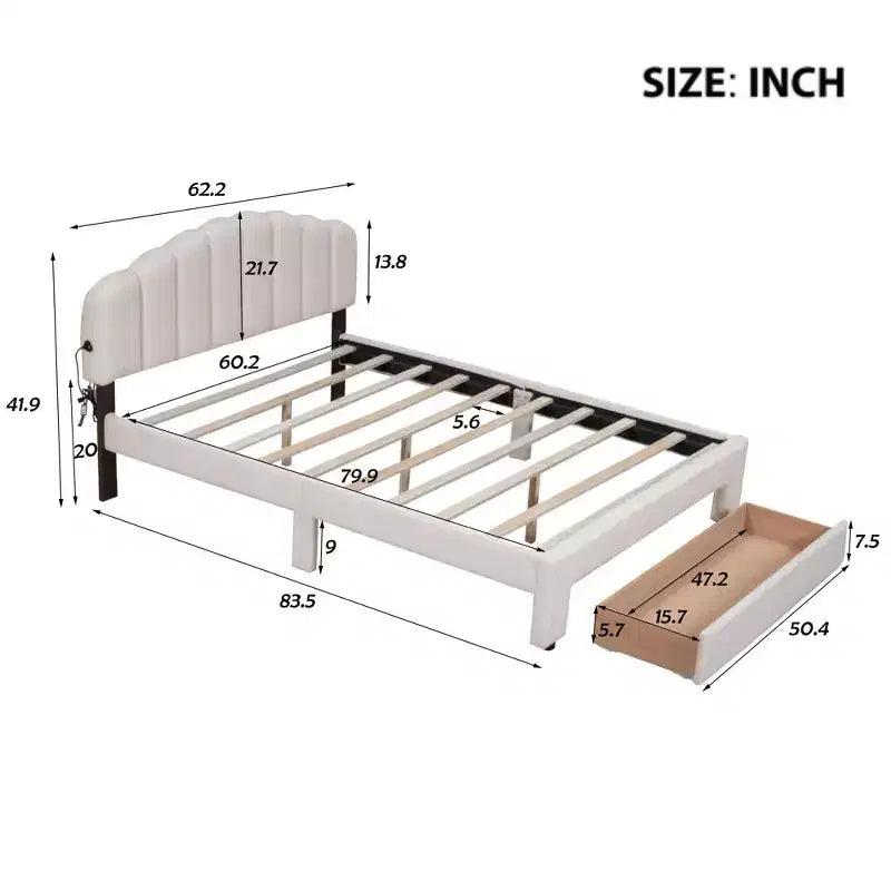 Queen Size Teddy Fleece Upholstered Platform Bed, Drawer, Bedroom, Beige