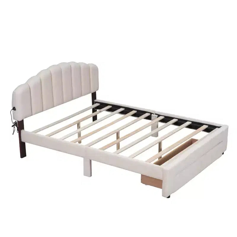 Queen Size Teddy Fleece Upholstered Platform Bed, Drawer, Bedroom, Beige