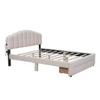Queen Size Teddy Fleece Upholstered Platform Bed, Drawer, Bedroom, Beige