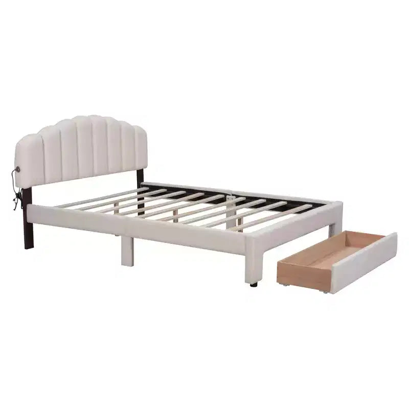 Queen Size Teddy Fleece Upholstered Platform Bed, Drawer, Bedroom, Beige