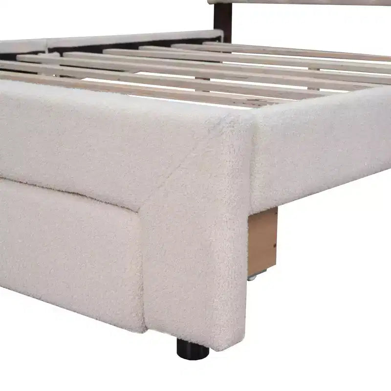 Queen Size Teddy Fleece Upholstered Platform Bed, Drawer, Bedroom, Beige