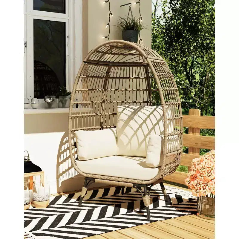 Outdoor Egg Chair with Thick Cushions, Oversized Patio Wicker Basket Chair for Balcony, Patio, Living Room, 350LBs Capacity
