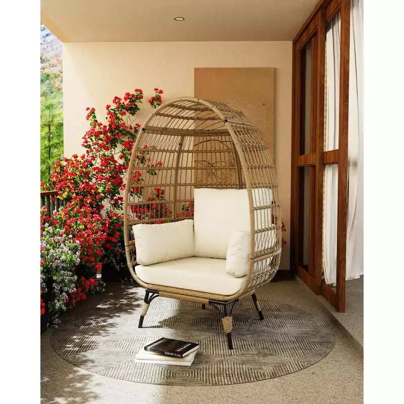 Outdoor Egg Chair with Thick Cushions, Oversized Patio Wicker Basket Chair for Balcony, Patio, Living Room, 350LBs Capacity
