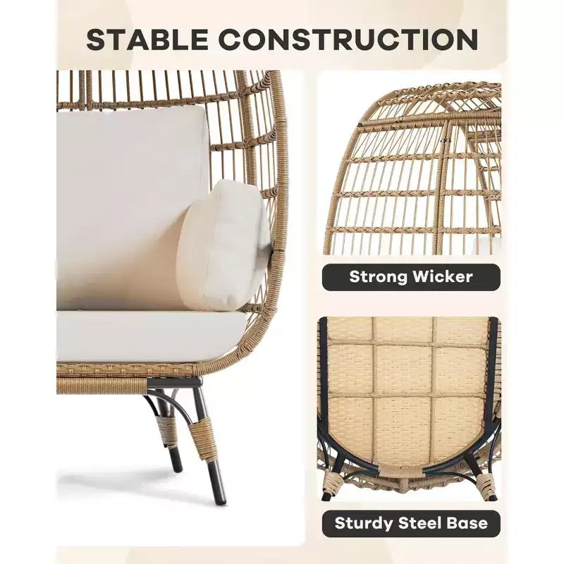 Outdoor Egg Chair with Thick Cushions, Oversized Patio Wicker Basket Chair for Balcony, Patio, Living Room, 350LBs Capacity