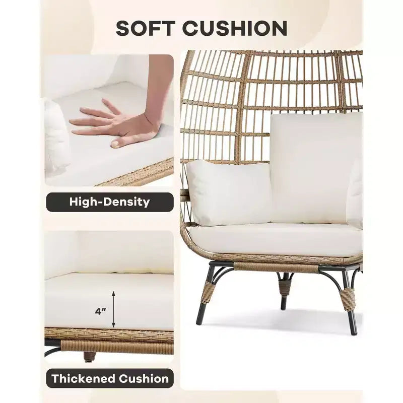 Outdoor Egg Chair with Thick Cushions, Oversized Patio Wicker Basket Chair for Balcony, Patio, Living Room, 350LBs Capacity