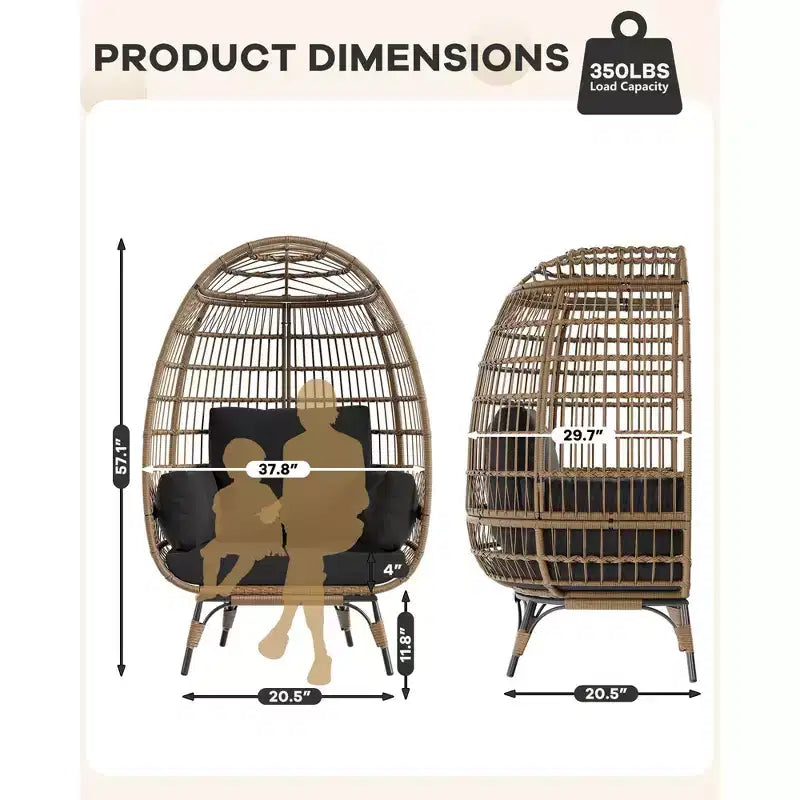 Outdoor Egg Chair with Thick Cushions, Oversized Patio Wicker Basket Chair for Balcony, Patio, Living Room, 350LBs Capacity