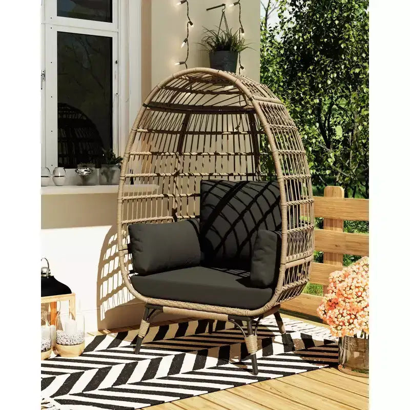 Outdoor Egg Chair with Thick Cushions, Oversized Patio Wicker Basket Chair for Balcony, Patio, Living Room, 350LBs Capacity
